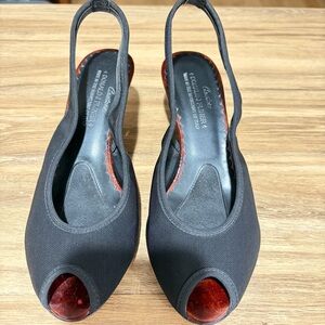 Donald J Pliner Women Black Fabric Slingback Peep Toe Block Heel